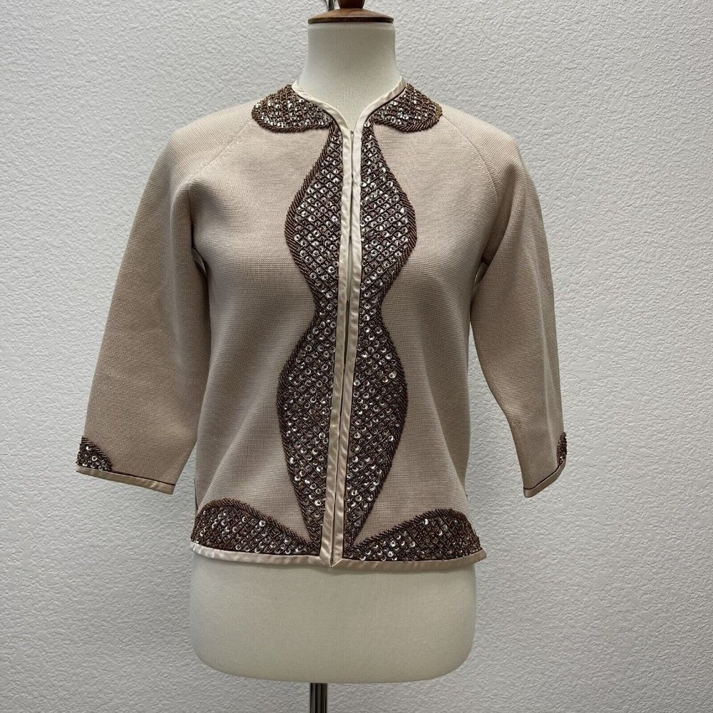 Maharaja Vintage Hand Beaded Cream Cardigan Sweater Small XS